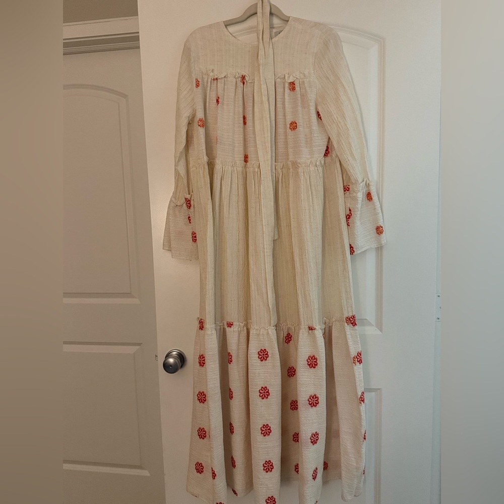 Cream Maxi Dress with Red Floral Accents